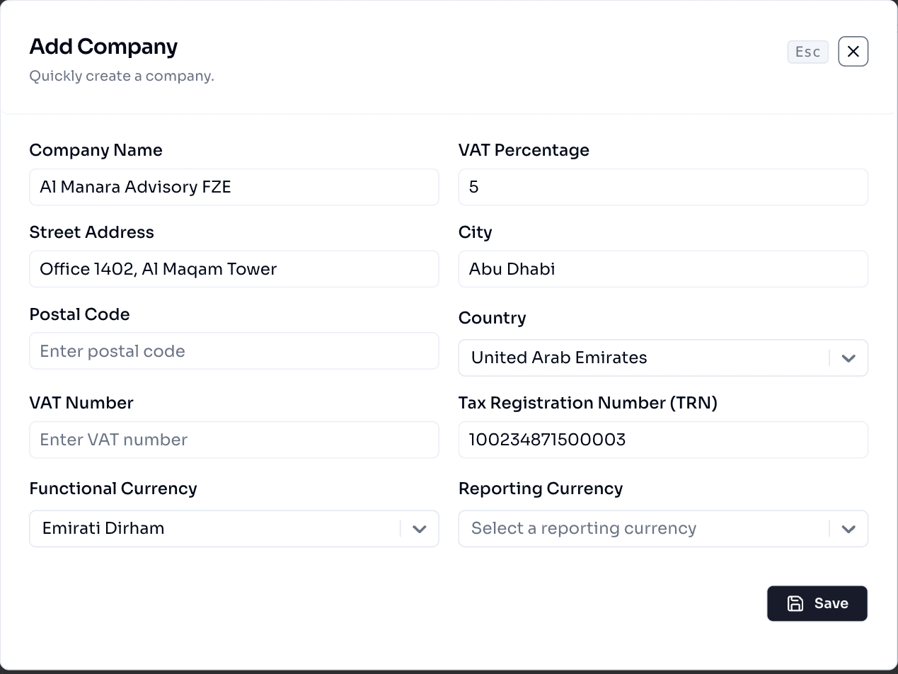 Add Company form in Obtrak with UAE Tax Registration Number, VAT percentage and functional currency fields